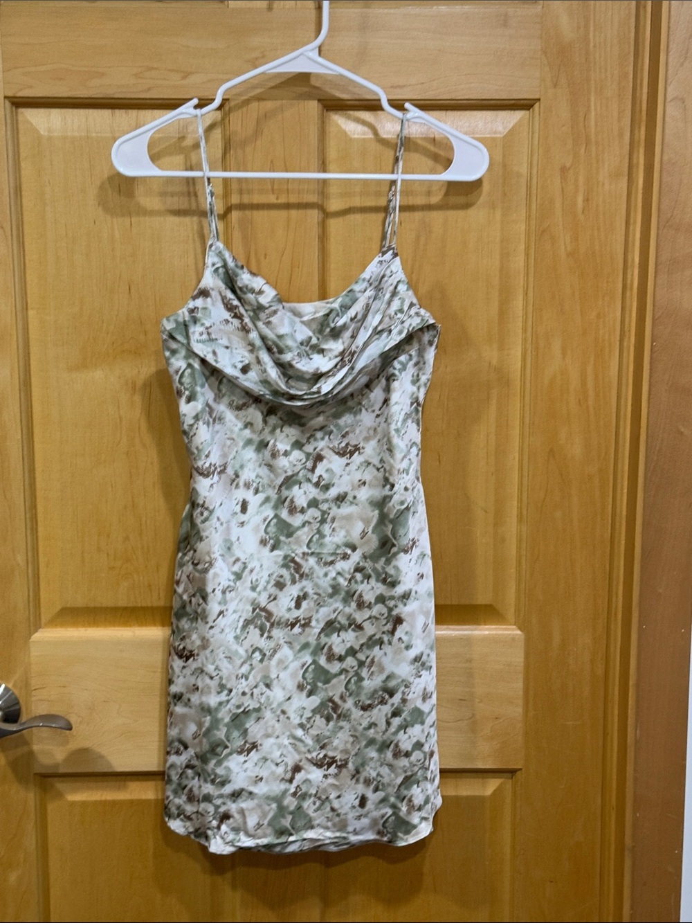 Saints & secrets Cowl Neck Satin Slip Dress in Green and Brown Print size S NWT